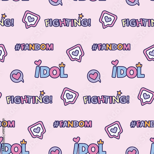 K-Pop fandom seamless pattern with "Fighting", "Idol", and "Fandom" typography. Trendy Y2K aesthetic background with hearts and speech bubbles for merch and textile design