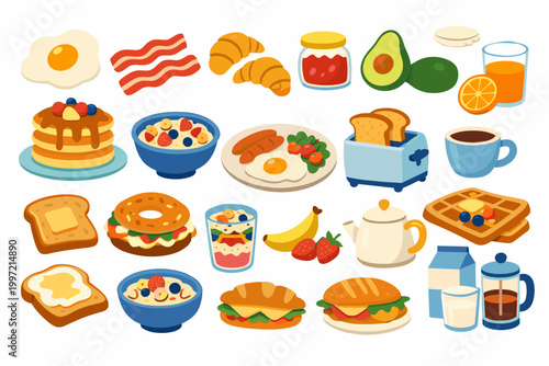 Breakfast Food Vector Illustration Set in Naive Doodle Style with Pancakes, Eggs, Bacon, Coffee, Toast, Waffles, Croissants, Fruit, and Cereal Icons for Menu Design, Kitchen Decor, and Web Use