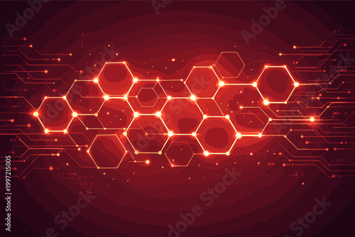 Futuristic red digital background featuring glowing hexagonal network nodes and circuit board lines. Abstract illustration of data connectivity, science, and high-tech communication systems.