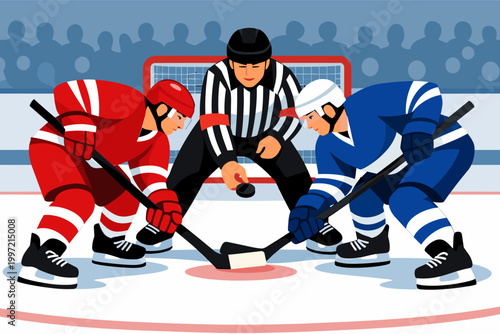 Professional ice hockey players in red and blue jerseys facing off on the ice rink with a referee dropping the puck, intense sports competition scene, flat vector illustration background.