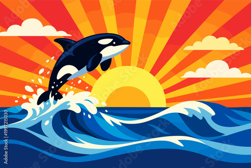 Vibrant Pop Art Vector Illustration of a Killer Whale Orca Jumping from Ocean Waves against a Radiant Sunrise with Orange and Red Sunburst Rays, Stylized Blue Sea, and Fluffy White Clouds.