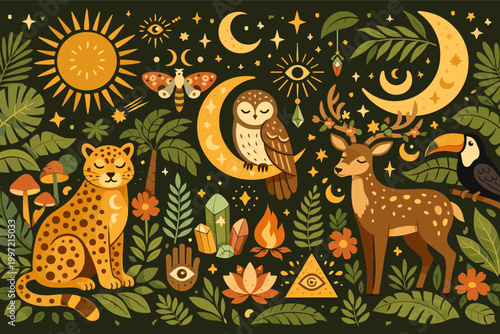Mystical Boho Tropical Forest Illustration with Leopard Owl Deer Toucan and Celestial Sun Moon Stars Crystals and Sacred Spiritual Symbols in Earthy Tones for Ethnic Magic and Esoteric Design