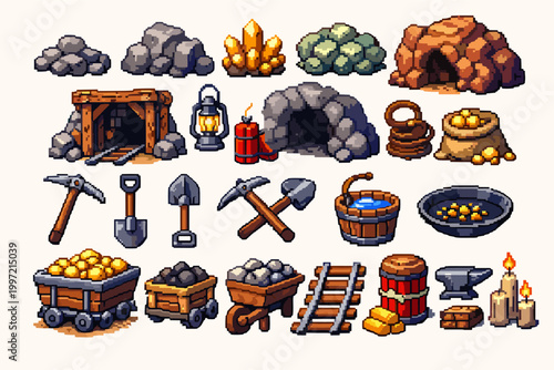 Retro Pixel Art Mining Collection with Rocks, Caves, Crystals, Pickaxes, Shovels, Lanterns, Dynamite, Mine Carts with Gold, Tracks, and Tools for 8-bit Game Design, Underground Exploration Assets.