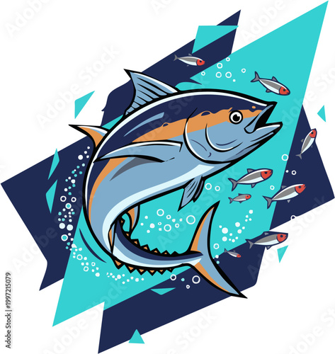 Large Tuna Hunting Small Fish in Geometric Abstract Background