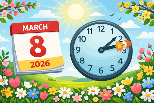 Spring Forward Daylight Saving Time 2026 Reminder with March 8 Calendar and Clock Moving Forward in a Colorful Flower Field under a Bright Sunny Sky for Seasonal Time Change Event Background