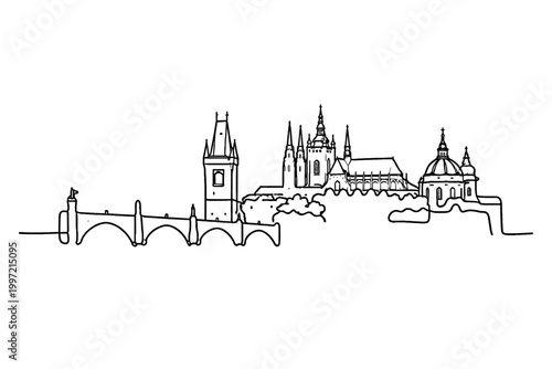 Continuous line drawing of Prague city skyline featuring Charles Bridge and Prague Castle. Elegant black minimalist vector illustration of Czech Republic capital landmarks for travel and tourism.