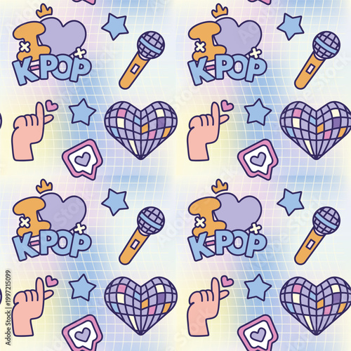 K-Pop seamless pattern with finger heart and disco ball. Trendy Y2K aesthetic background with microphone and "I Love K-Pop" icons for fandom merch and textile design