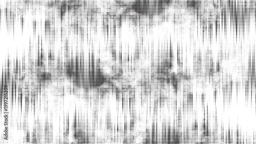 Abstract Black and White Halftone Pattern, Monochrome Dotted Texture with Vertical Glitch Effect and Gritty Grain, Minimalist Distorted Background for Digital Art, Modern Posters, and Tech Designs.