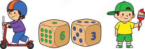 Cartoon kids riding scooter and painting with dice numbers illustration set, children activities and learning math concept vector collection design