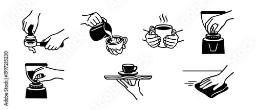 Coffee Shop Operations Icons Set - Barista Professional Workflow, Espresso Preparation, Latte Art Pouring, Grinding, Serving and Cleaning Procedures for Cafe Business Manuals and Signage Design Elemen