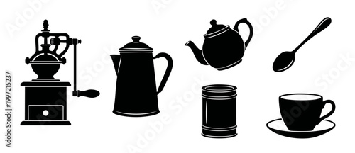 Coffee Shop Icons Silhouette Set: Grinder, Kettle, Teapot, Spoon, Canister and Cup with Saucer. Minimalist Vector Graphic Elements for Restaurant Menu, Cafe Branding, Beverage Design and Kitchen Stati