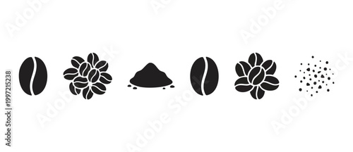 Coffee Beans and Grounds Icon Set, Flat Vector Illustration of Roasted Arabica Beans, Ground Powder, and Granules for Beverage Packaging, Cafe Branding, and Espresso Menu Design Elements on White Back