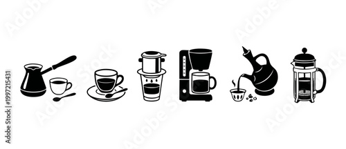 Coffee Brewing Methods Set, Various Coffee Makers and Cups, Black Icon Collection, Espresso Drip Turkish French Press and Ethiopian Coffee Ceremony Tools Isolated on White Background for Cafe Design