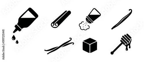 Baking Ingredients Icon Set: Sugar, Vanilla, Cinnamon and Honey. Vector collection of culinary seasoning symbols for cooking, pastry recipes, food labeling, kitchen menu design and restaurant graphics
