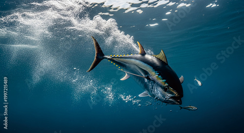 Large yellowfin tuna swimming fast through deep ocean water