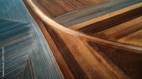 Aerial view of a winding road through geometrically patterned fields of varying earthy colors; blue, brown, gold