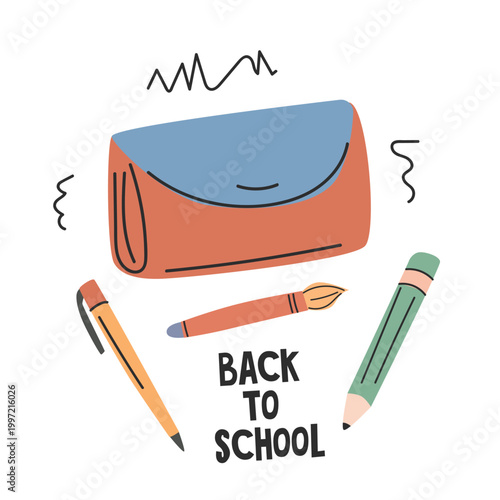 Colorful illustration of a pencil case with school supplies including pens and pencils, featuring the text 
