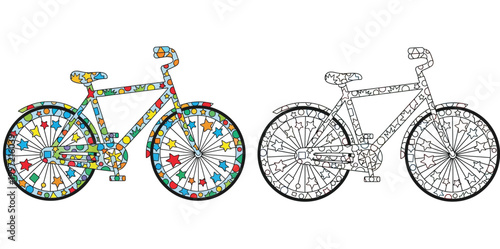 Bicycle Coloring Page and Colorful Bike Illustration Set with Geometric Star Patterns Vector Art for Kids Creative Activity Book and Educational Hobby Projects
