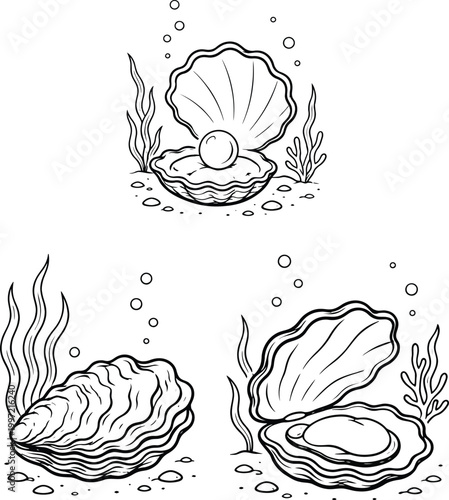 Oysters with pearls underwater collection set featuring realistic sketch drawings of mollusks with seaweed and bubbles.