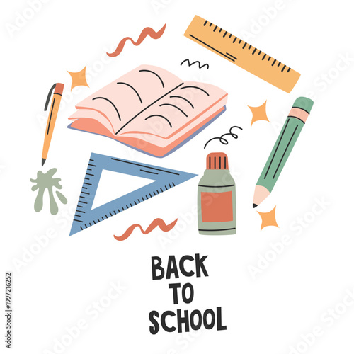 Colorful illustration of school supplies including a notebook, pencil, ruler, and paint bottle, arranged with decorative elements and the text "Back to School" prominently displayed