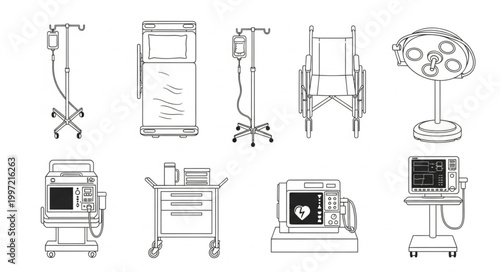 Collection of medical equipment line art illustrations.