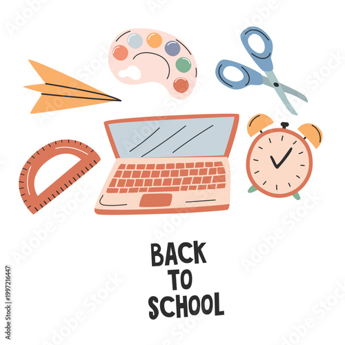 Colorful illustration of back-to-school items including a laptop, scissors, alarm clock, ruler, paper airplane, and paint palette arranged creatively on a white background