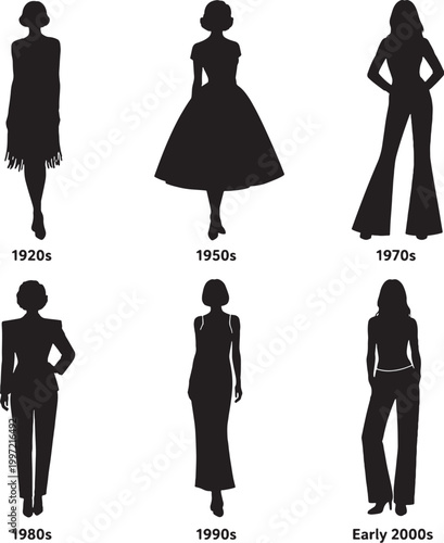 Vintage fashion eras silhouettes set 1920s 1950s 1970s 1980s 1990s 2000s vector bundle