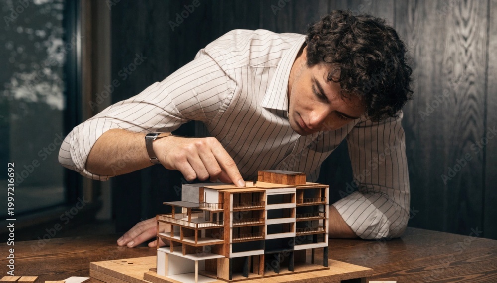 Fototapeta premium Architect analyzing building design at desk with physical model modern office interior overhead perspective creative concept development