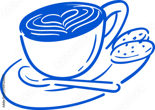 latte serve dish with cookies doodle hand drawn line art