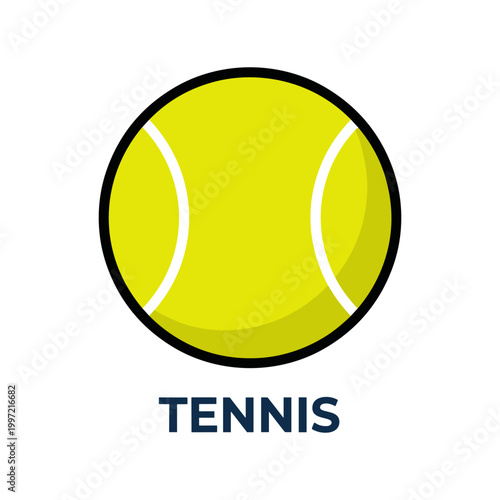 Flat design tennis ball icon with 'TENNIS' text below, featuring a bright yellow fuzzy ball, isolated on white background.
