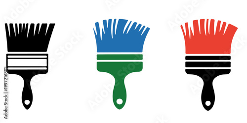 Paint brush icon set in outline silhouette and colorful styles painting tool artistic equipment symbol