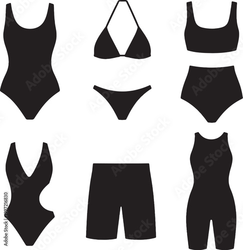 Swimwear silhouettes set one piece bikini monokini trunks competitive suit vector bundle