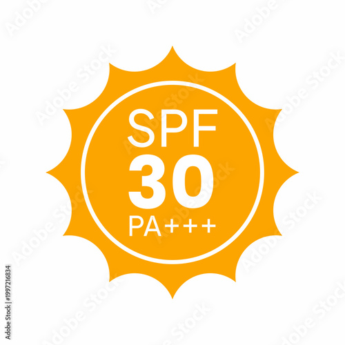Yellow sun icon with SPF 30 and PA plus plus plus on white background