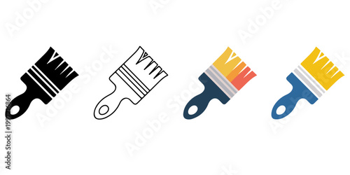 Paint brush icon set in outline silhouette and colorful styles painting tool artistic equipment symbol