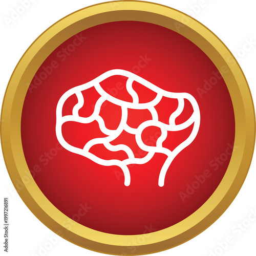 Brain outlined in white on a red circle with a golden border
