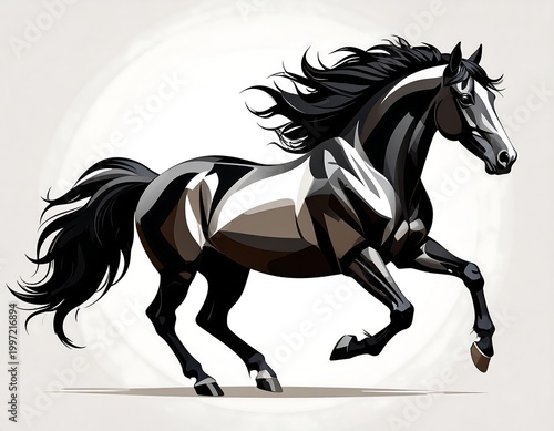 Digitally created majestic steed, captured in full gallop. The glossy black coat contrasts with a neutral backdrop.  The image is clean and simple