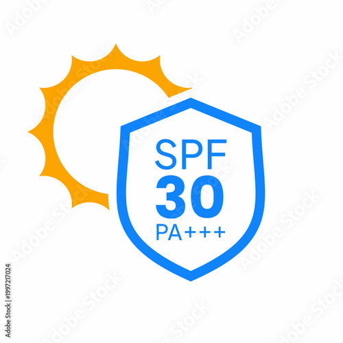 Sun protection icon featuring blue shield SPF 30 and yellow sun on white background