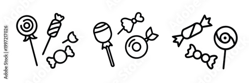 Sweet candy line icons set lollipop chocolate treats sugar confectionery dessert birthday snack food & more vector illustration with editable stroke.