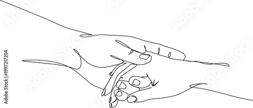 continuous line drawing of man gently holding hand of a woman, close-up, line art vector illustration