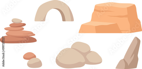 Large collection of canyon mountains and desert rock formations, vector landscape elements of red cliffs and mesas on transparent background