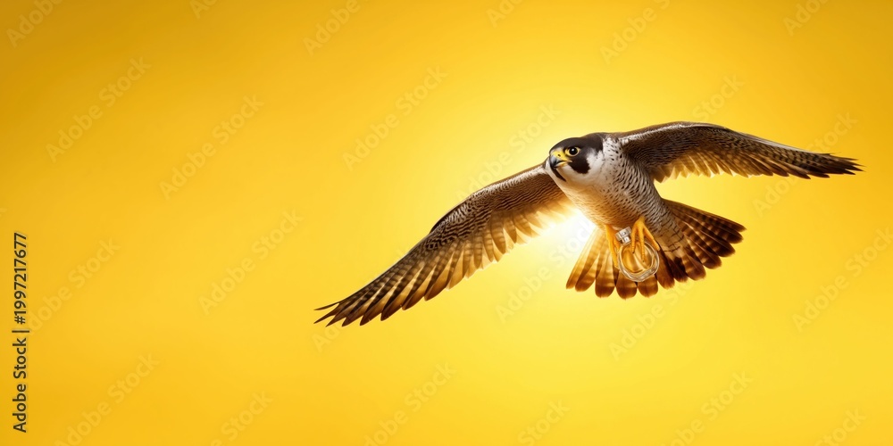 Fototapeta premium Majestic peregrine falcon in flight holding a perfume bottle against a bright yellow background