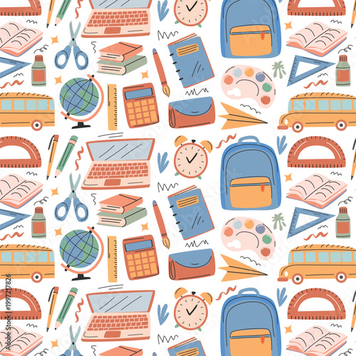 Colorful school-themed illustration featuring various educational items like books, a globe, a laptop, and stationery arranged in a playful pattern on a white background