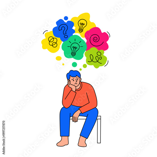 Confused Person Thinking with Ideas and Questions – Creative Thinking and Problem Solving Illustration