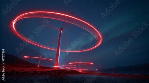Wind turbines with red light trails spin against a night sky with aurora borealis and mountains