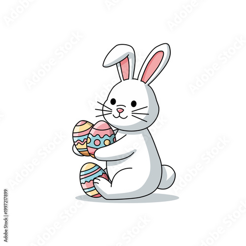 Cute Bunny Holding Easter Eggs Flat Illustration