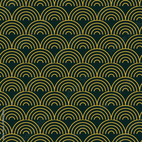 Elegant gold art deco repeating pattern featuring concentric arches on a dark green luxury textured background.