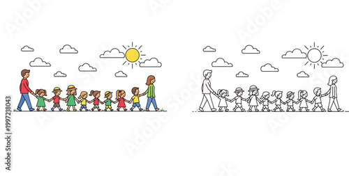 Kindergarten Children Holding Hands on a Field Trip - Teacher Led Group Outing Cartoon