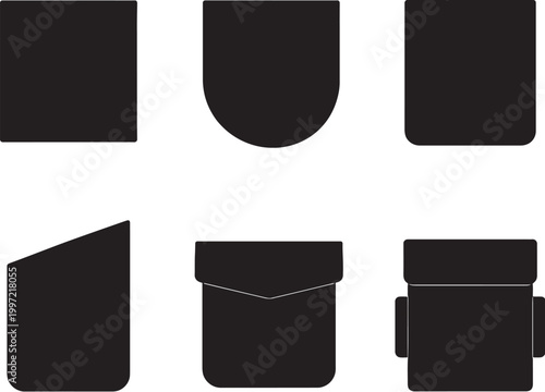 Pocket shapes silhouettes set black vector square rounded flap cargo slanted patch pocket bundle