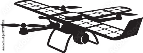Solar powered drone, black silhouette, vector aircraft, renewable energy