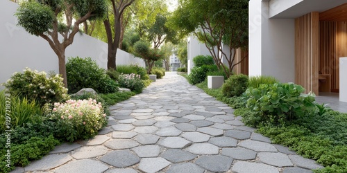 Lush Green Garden Pathway With Hexagonal Stone Paving And Mature Trees On Sunny Day